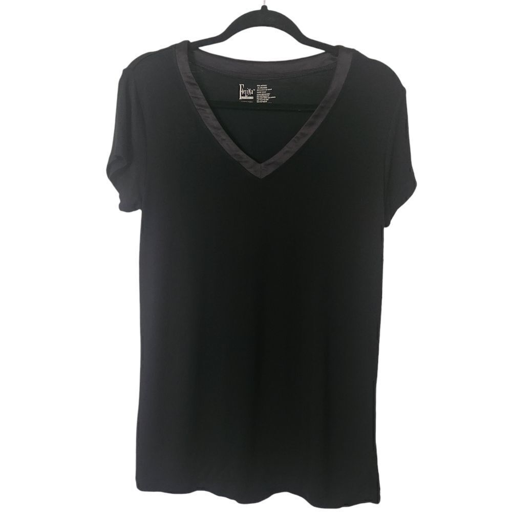 Felina Lingerie Womens Sleep Top V-Neck Short Sleeve Black Satin Trim Size Large